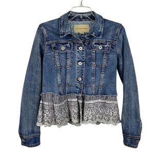 Pilcro Eyelet Ruffle Denim Jacket Size Small Long Sleeve Blue Jean Medium Wash